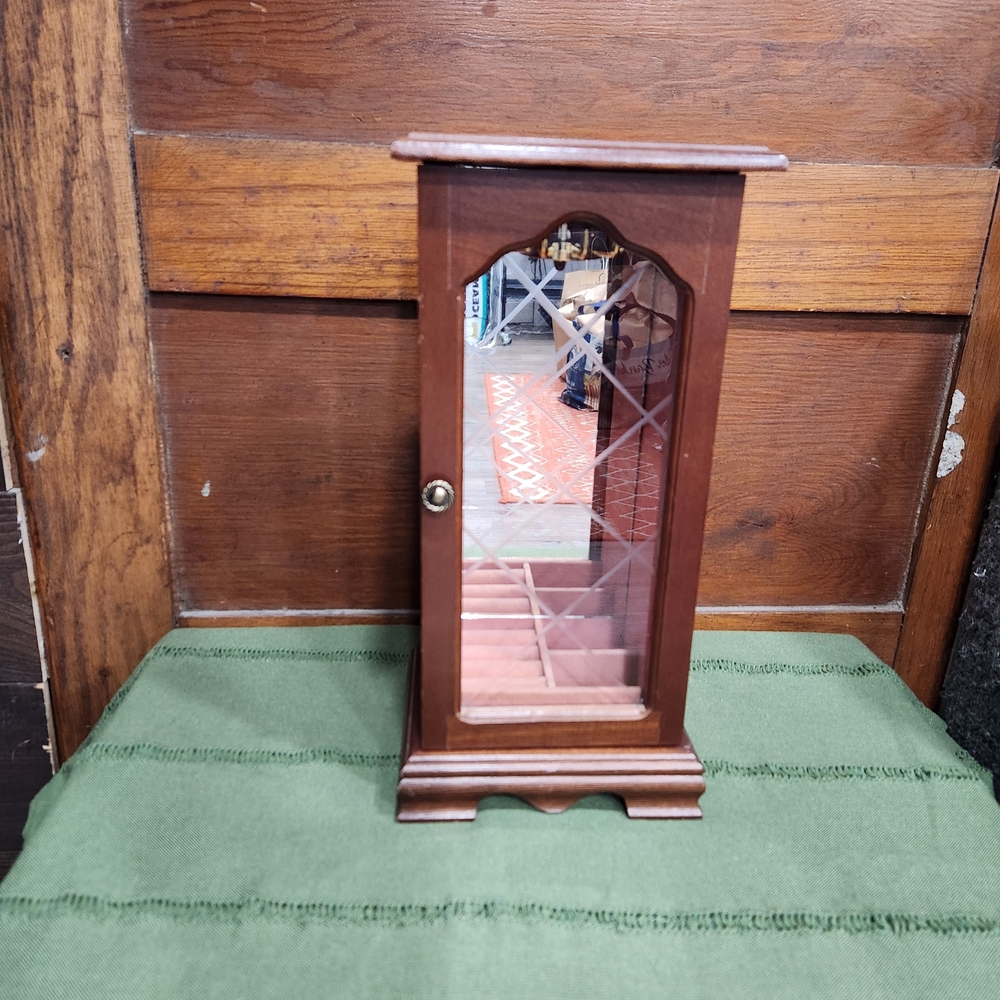 Vintage Wooden Jewelry Box with Glass Door